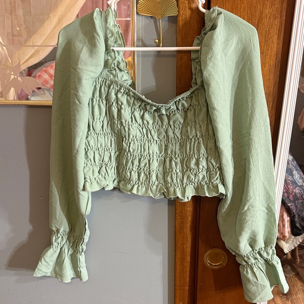 SHEIN Sage Green Smocked Long Sleeve Crop Top